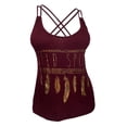 thumbnail image 1 of eVogues Plus Size Racerback Gold Feather Print Tank Top Burgundy, 1 of 3