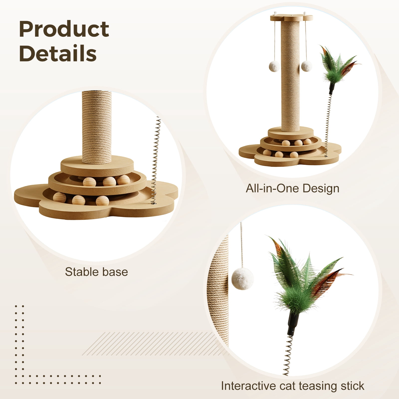 18.1 in Solid Wood Cat Scratching Post with Sisal-Covered, Rolling Balls, and Feather Teaser - Interactive Cat Scratcher for Play, Scratch, and Rest, Protects Furniture