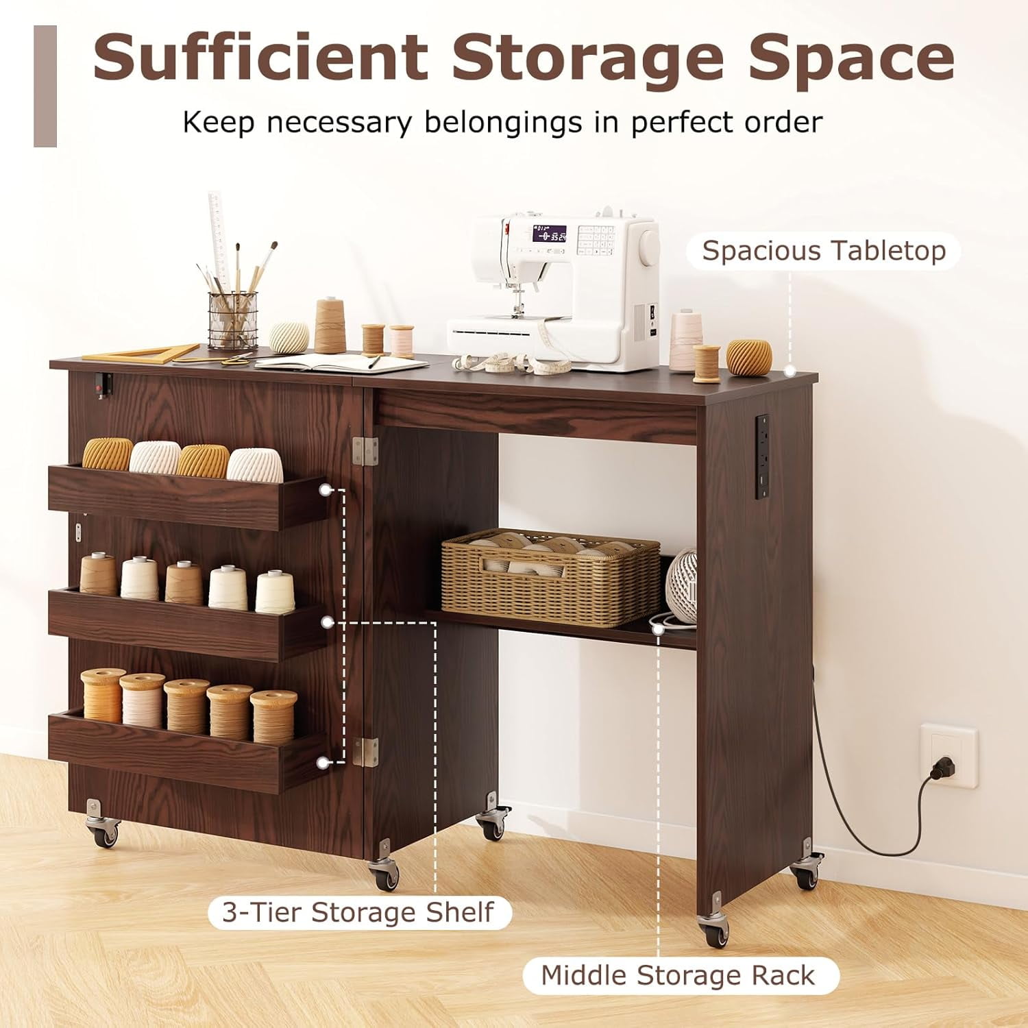 Sewing Machine Table with Charging Station, Folding Sewing Cabinet w/Lockable Casters, 3-Tier Shelf, Middle Rack, Magnetic Door, Small Sewing Desk for Home Apartment, Studio (Brown)