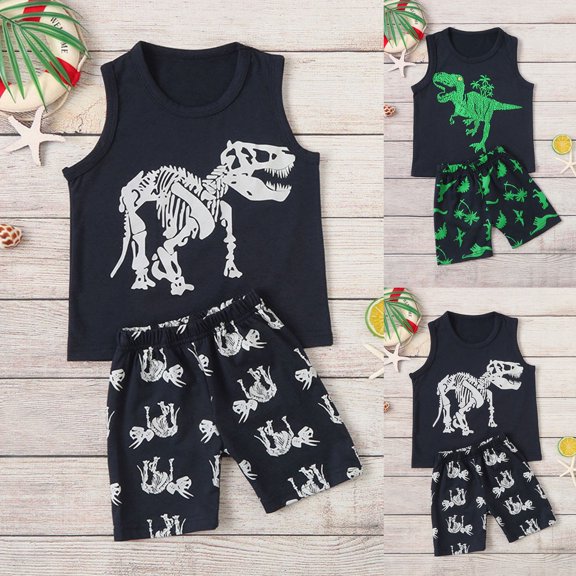 Gerichy Toddler Boys Shirts Set Dinosaur Print Casual T-Shirt Shorts Set Toddler Baby Kids Boys Dinosaur Summer Pajamas Sleepwear Tops Pants Outfits Set Summer Dinosaur Vest Shorts Outfit Set Clothes