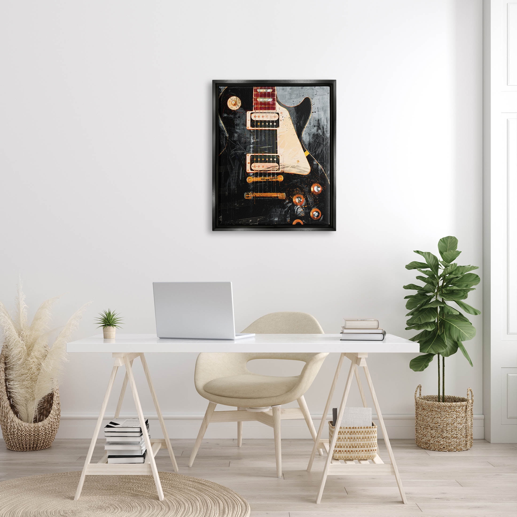 Vintage Electric Guitar Music Notes Vintage Graphic Art Jet Black Framed Art Print Wall Art