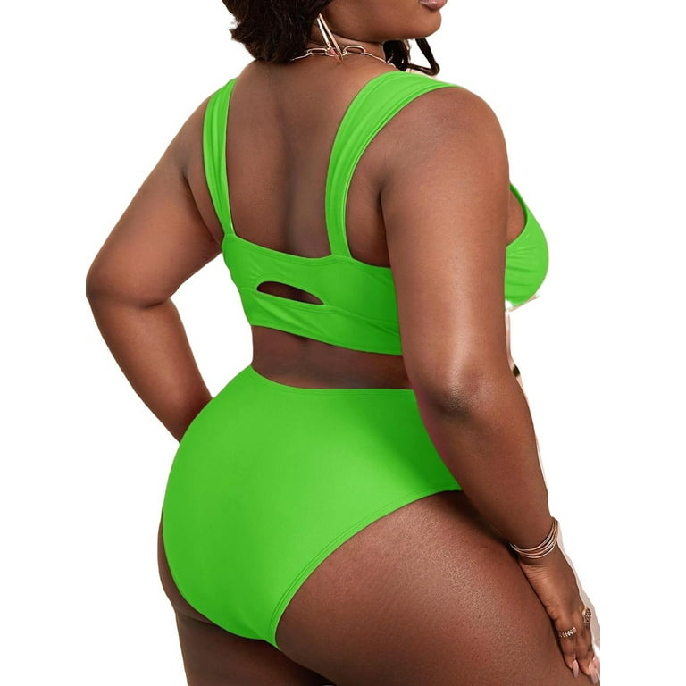 Casual Plain Straps Lime Green Plus Size Bikini Sets (Women's Plus) 