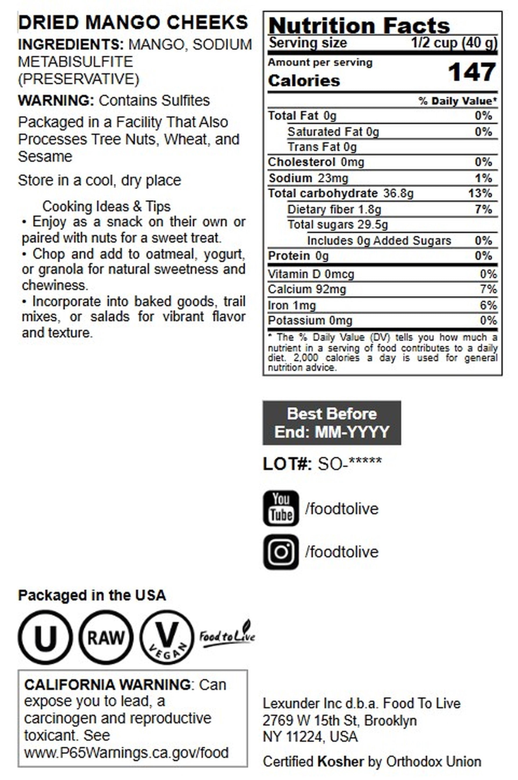 Dried Mango Cheeks, 3 Pounds – Unsweetened, Unsulfured, Preservative-Free. Naturally Gluten-Free.