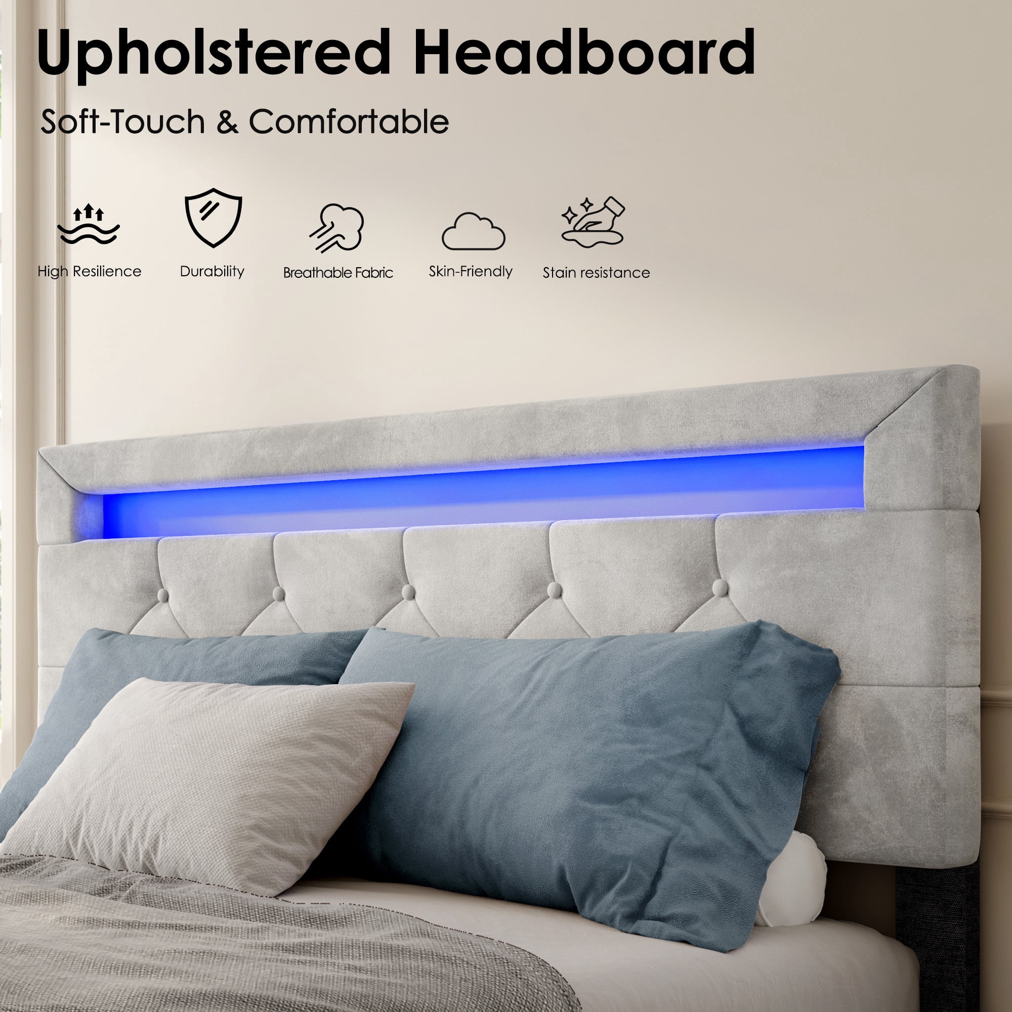 Full Size Upholstered Platform Bed with 4 Drawers and LED Lights, No Box Spring Needed, Gray