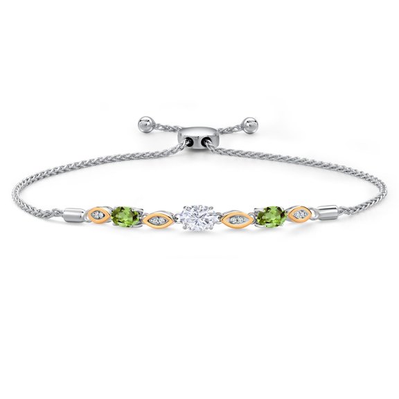 Gem Stone King 925 Silver and 10K Yellow Gold White Moissanite and Green Peridot and Lab Grown Diamond Bracelet for Women | 1.96 Cttw | Gemstone | Oval 7X5MM | Fully Adjustable 9"