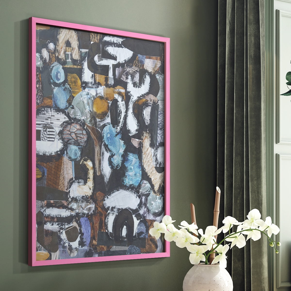 California Beach Blue Glass Framed Print in Pink Solid Wood Framed Print No Nail Hanging