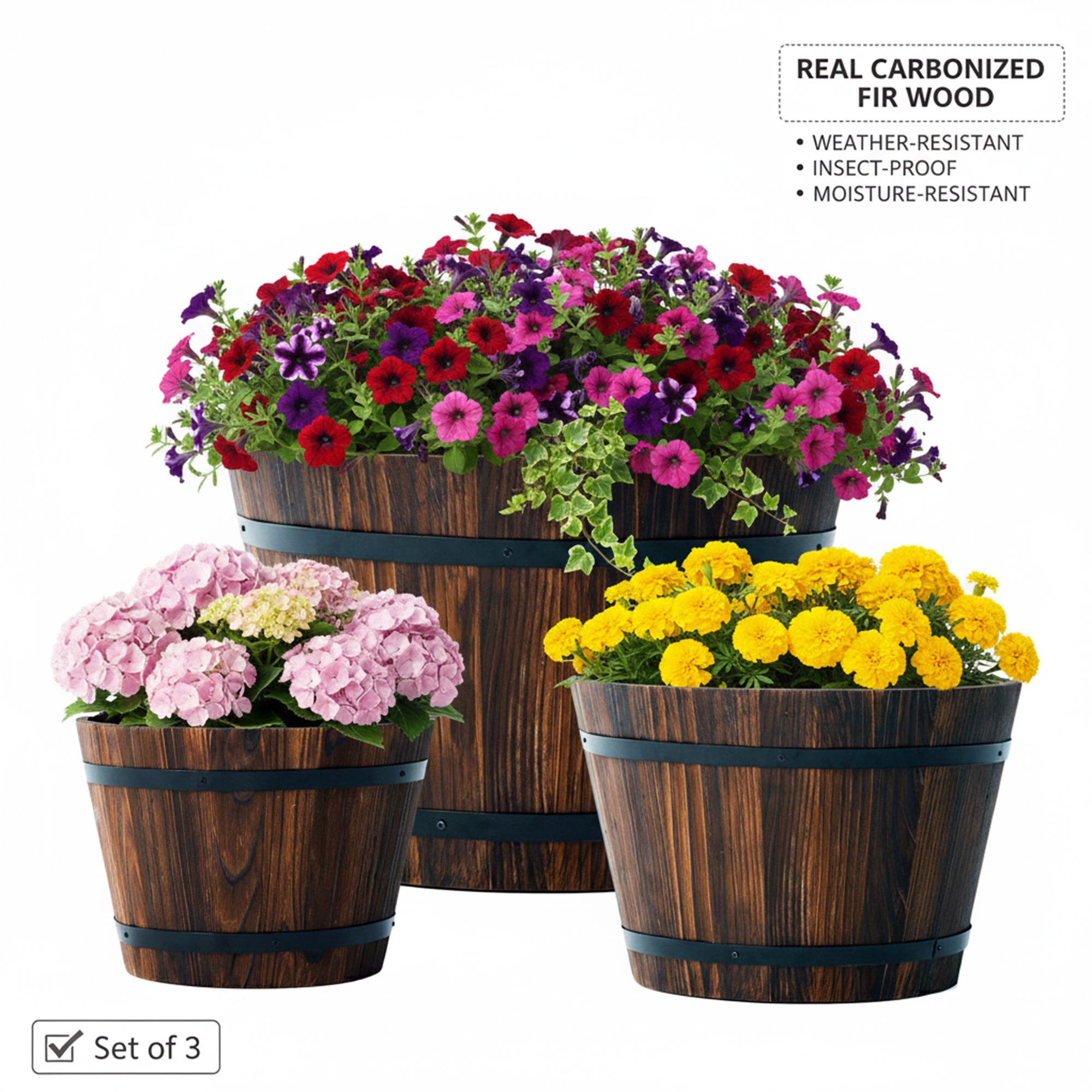 Whiskey Barrel Planter Outdoor 3-Pack - Rustic Wood Planters with Drainage Holes | Fade-Resistant Dark Brown Garden Tubs for Citrus Trees
