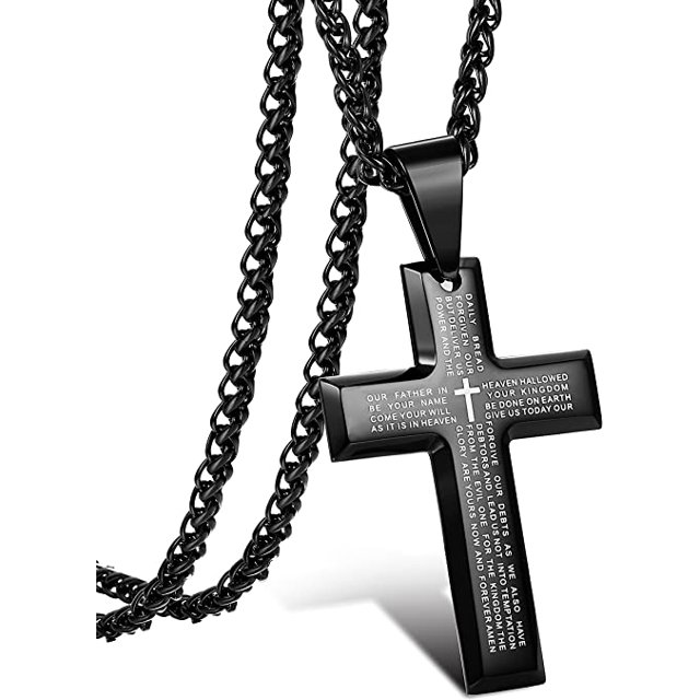 Collar con colgante de cruz negra de acero inoxidable Collar de oración del Señor para hombres Cadena de trigo pesado 55.98cm 60.96cm TUNC Sencillez