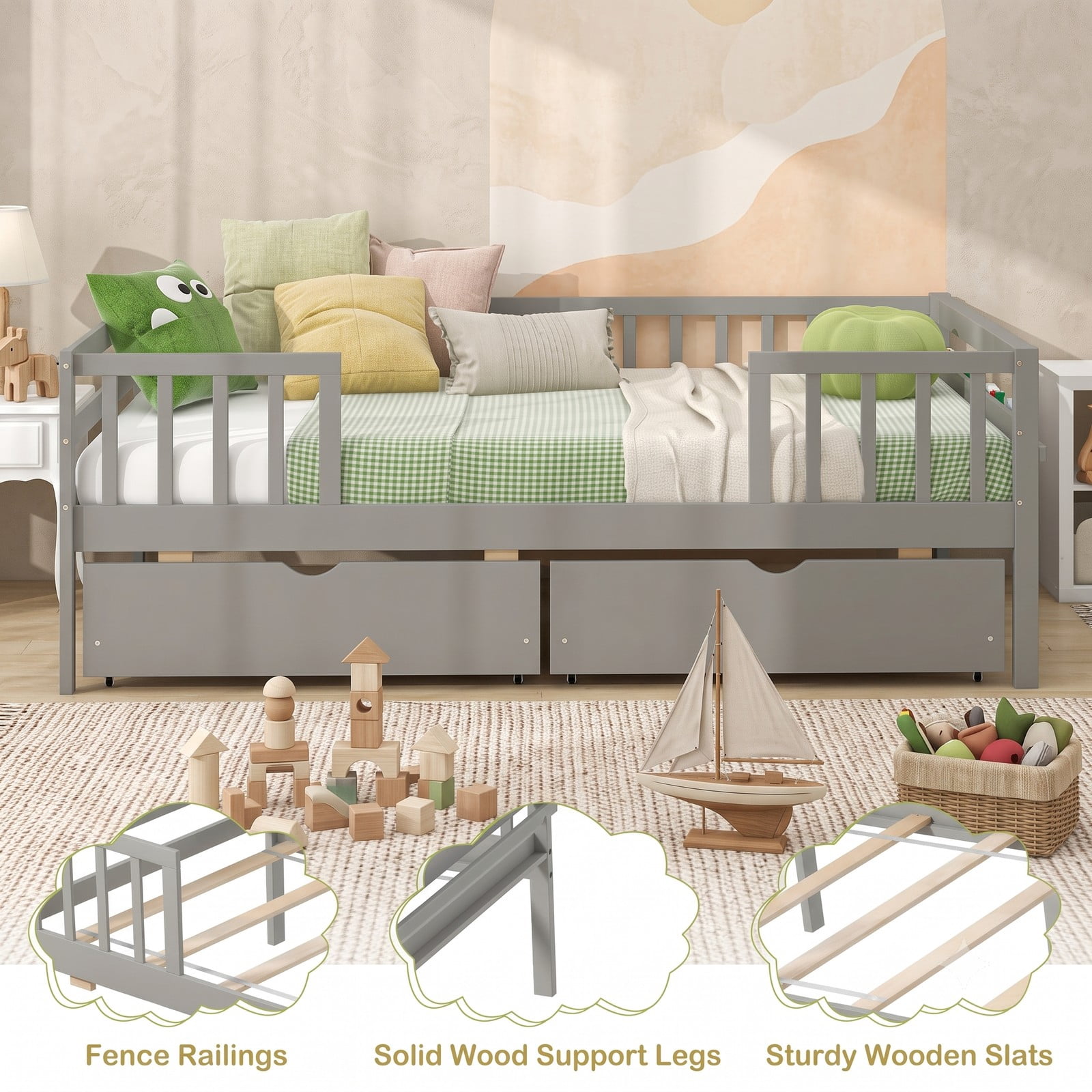 Furnibear Twin Wood Daybed with Full Fence Rails and 2 Pull-Out Storage Drawers for Kids Bedroom and Toddler Play Room, Gray