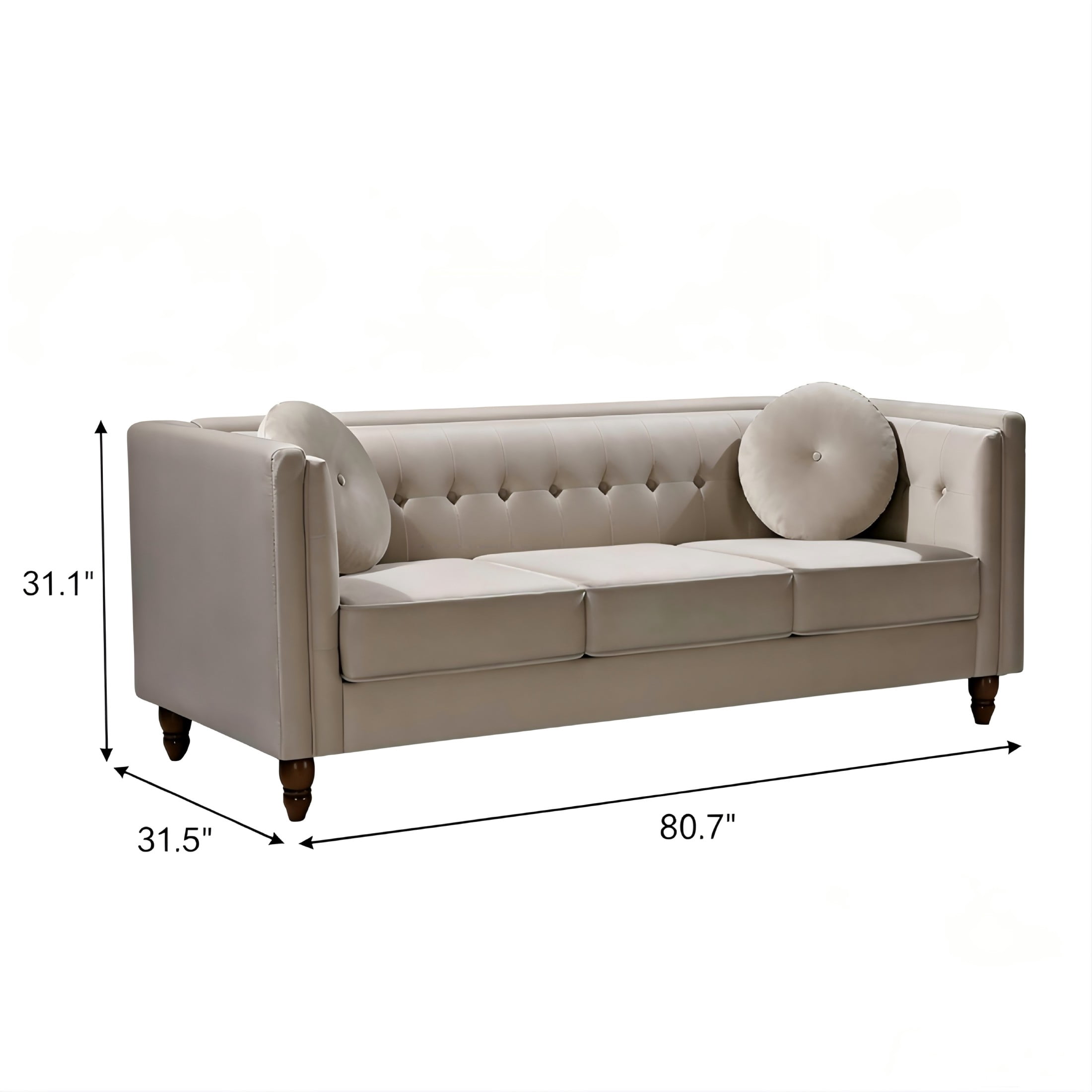 GDF Studio 80.7" Chesterfield Tufted Sofa with Square Arms, Crushed Velvet Upholstery, Ivory