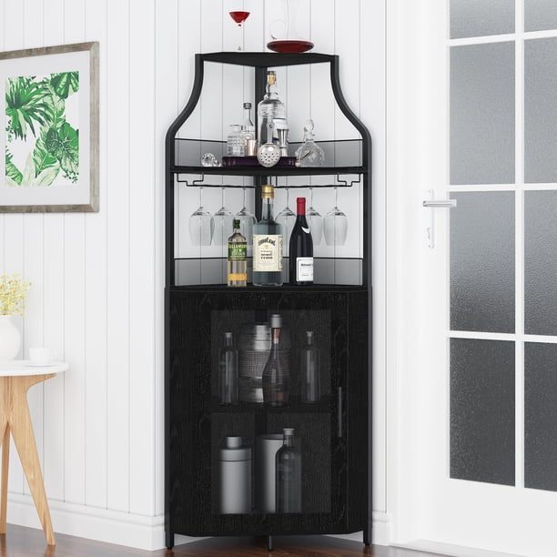 Yeshouse mueble esquinero para vinoteca de estilo rústico, pequeño aparador con estante desmontable y puerta de malla, soporte para vasos, armario para licores y café, ideal para cocina y comedor