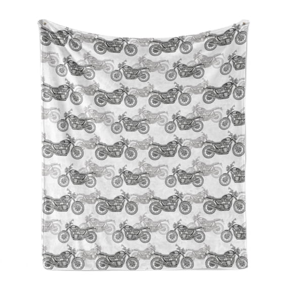 Motorcycle Soft Flannel Fleece Throw Blanket, Realistic Grayscale Illustration of Classic Motorcycles Many Details, Cozy Plush for Indoor and Outdoor Use, 70" x 90", Grey White Black, by Ambesonne