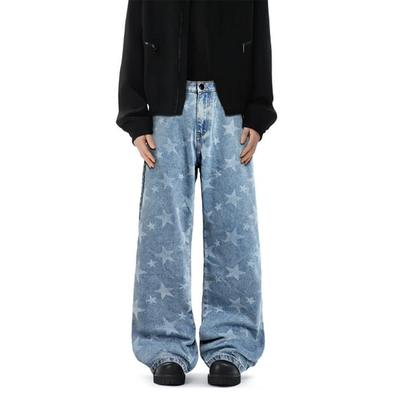 GINGTTO Vintage Star Print Wide-Leg Jeans for Women, High-Waisted Baggy Denim Pants – Light Wash Flowy Trousers for Casual/Streetwear Outfits