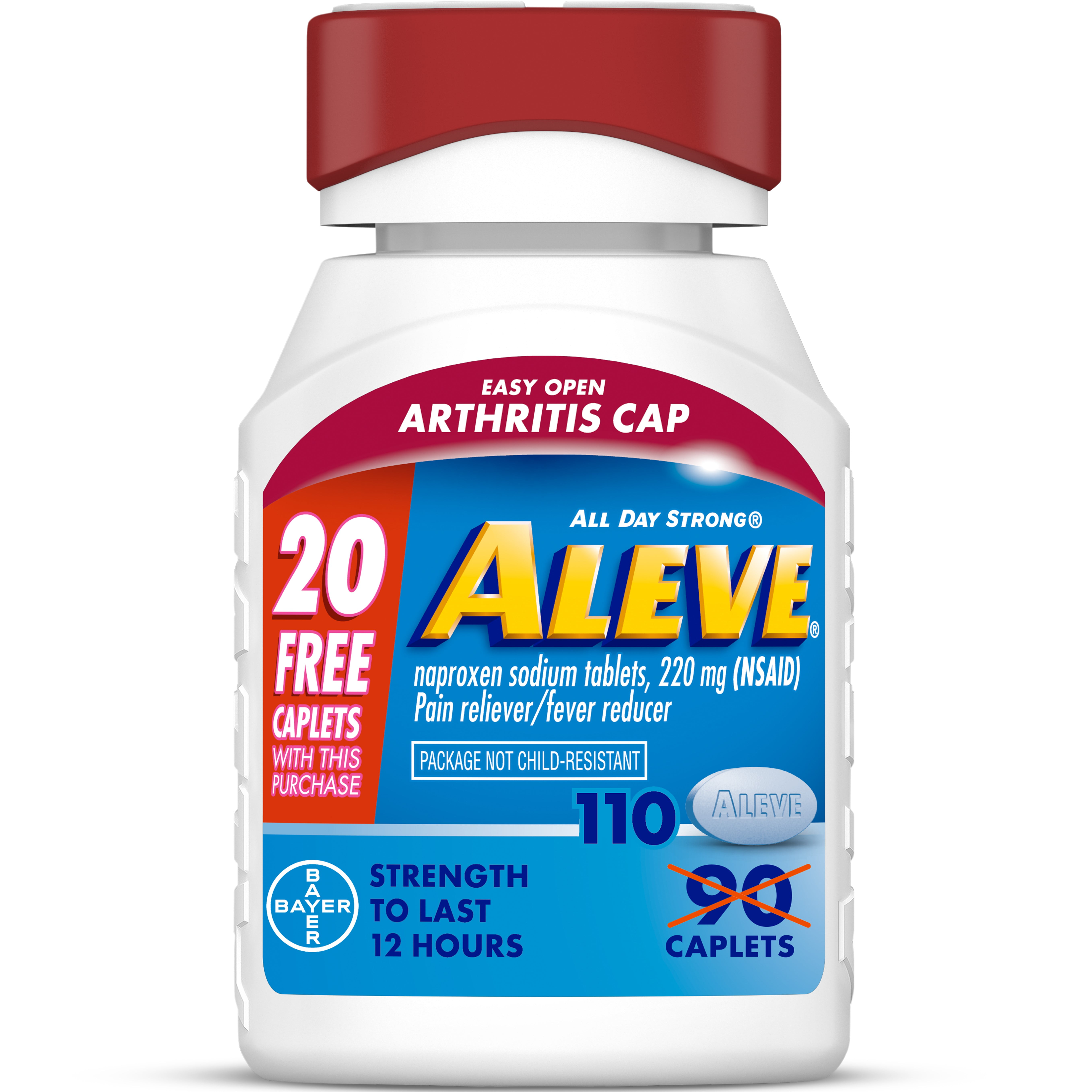 Aleve Caplets Easy Open Arthritis Cap Naproxen Sodium Pain Reliever, 90 Count + 20 Count Bonus Pack