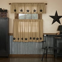 VHC Brands Burlap Natural with Black Stars 3 PC Curtain Set (1 Valance 16x72 and 2 Tier 36x36)