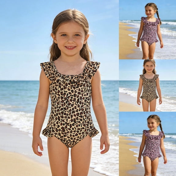 RTKFRFLM Girls Leopard Ruffle One Piece Swimsuit Kids Cute Cheetah Bathing Suit for Beach & Pool Trendy Swimwear