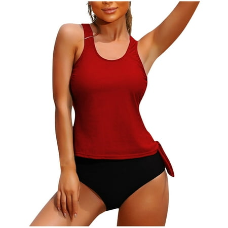 Arnsht Women s Fashion Solid Color Bathing Suits Swimsuits Tankini Sets for Two Piece Blouson Tank Top with Boyshorts Wine XL