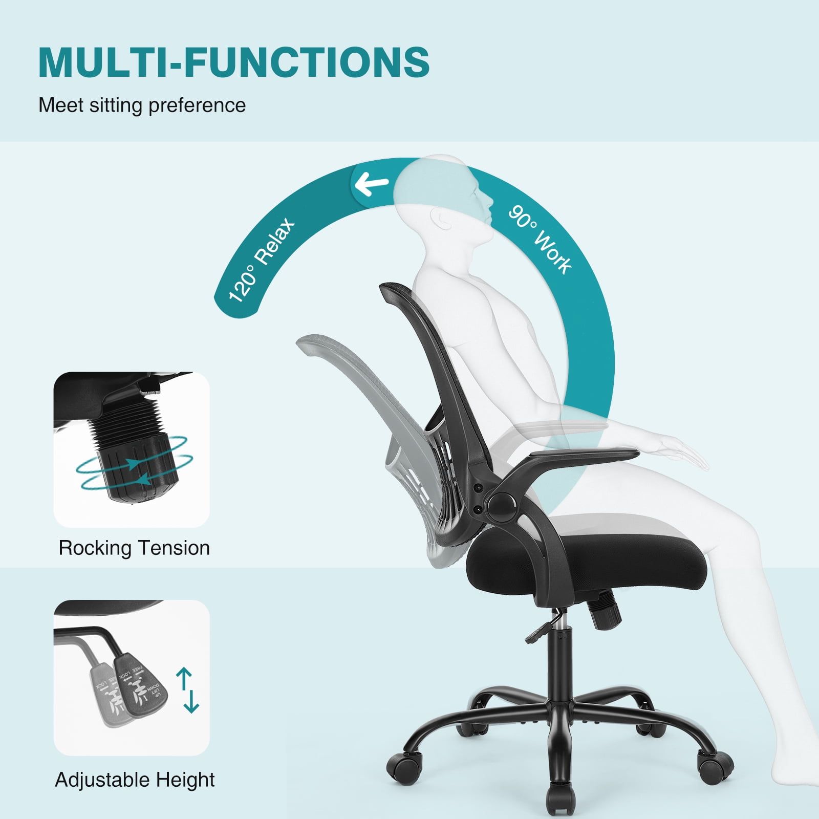 MCQ Office Chair, Ergonomic Home Mesh Office Desk Chairs, with Adjustable Armrests, Wheels and Mid-Back Task Chair with Lumbar Support, Black