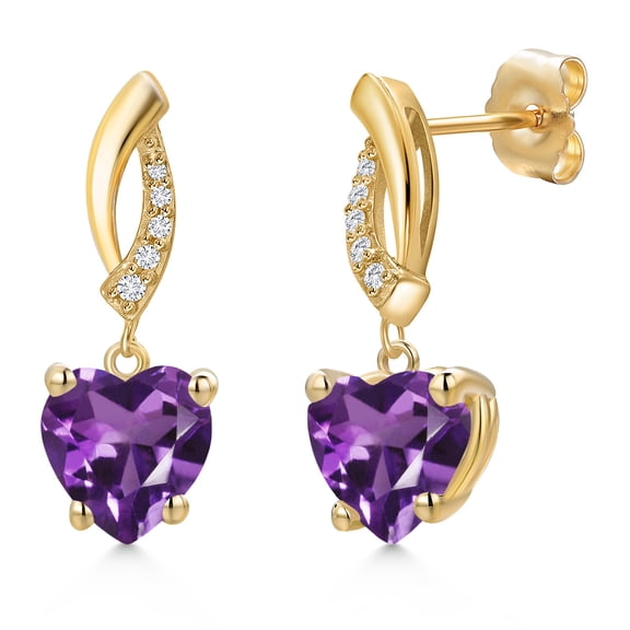 Gem Stone King 3.25 Ct Heart Shape Purple Amethyst G/H Lab Grown Diamond 14K Yellow Gold Earrings