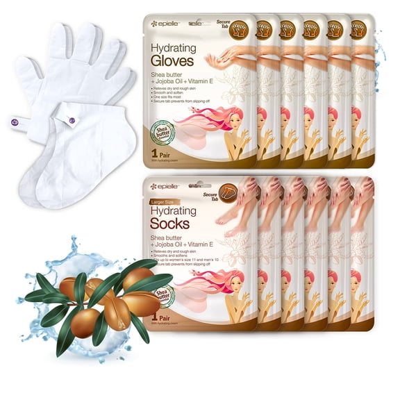 Epielle Hydrating Hand & Foot Masks (Glove & Socks 12pk) for Dry Hand, Dry & Cracked Heel | Spa day | Shea butter   Jojoba Oil   Vitamin E, Beauty Gifts