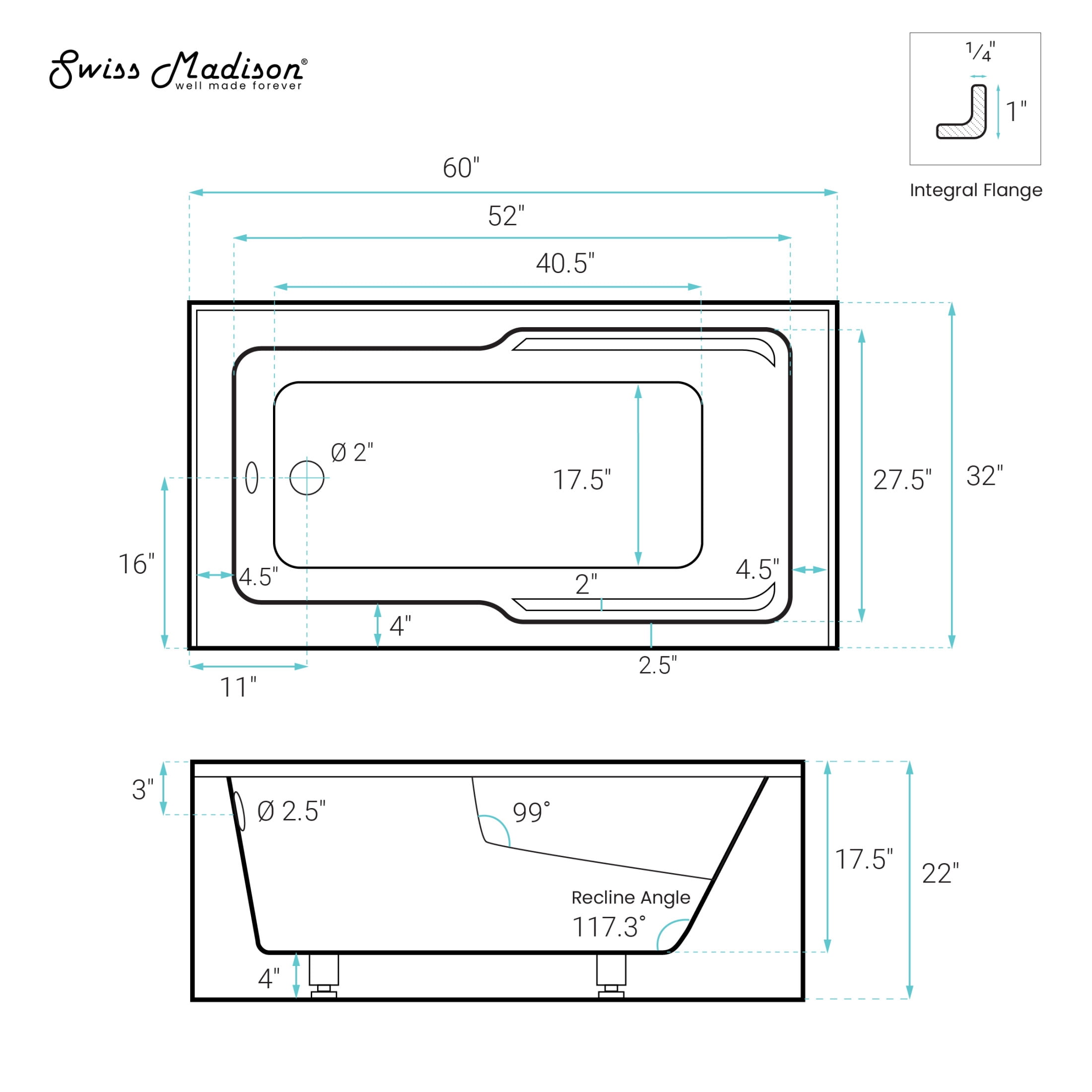 Claire 60 x 32 Left Drain Soaking Alcove Corner Apron Bathtub in Glossy Gray