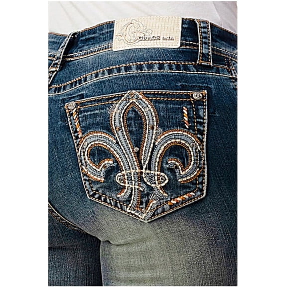 Grace In LA Women's Fleur De Lis Embroidered Pockets Bootcut Stretch Jeans (25)