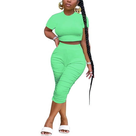

Niuer Women Jogger Set Crew Neck Two Piece Outfit Short Sleeve Tracksuit Slim Fit Sweatsuits High Waist Pajamas Green XL