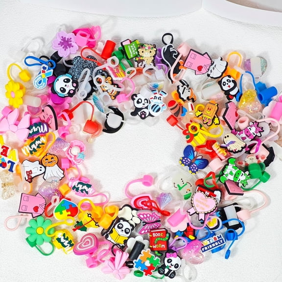 NORIZF 30Pcs Random Straw Cover Toppers, Cute Silicone Straw Caps Bulk(10Mm) | Random Cute Silicone Straw Cover Toppers with Reusable Dustproof Design, Fun Tumbler Accessories for Cups