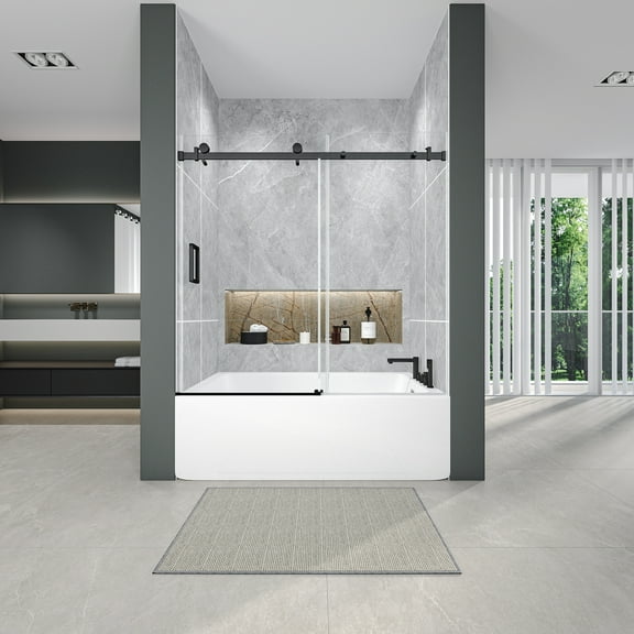 56-60" W *60" H Frameless Single-sliding Shower Door,1/4" (6mm) Thick SGCC Tempered Glass,Matte Black