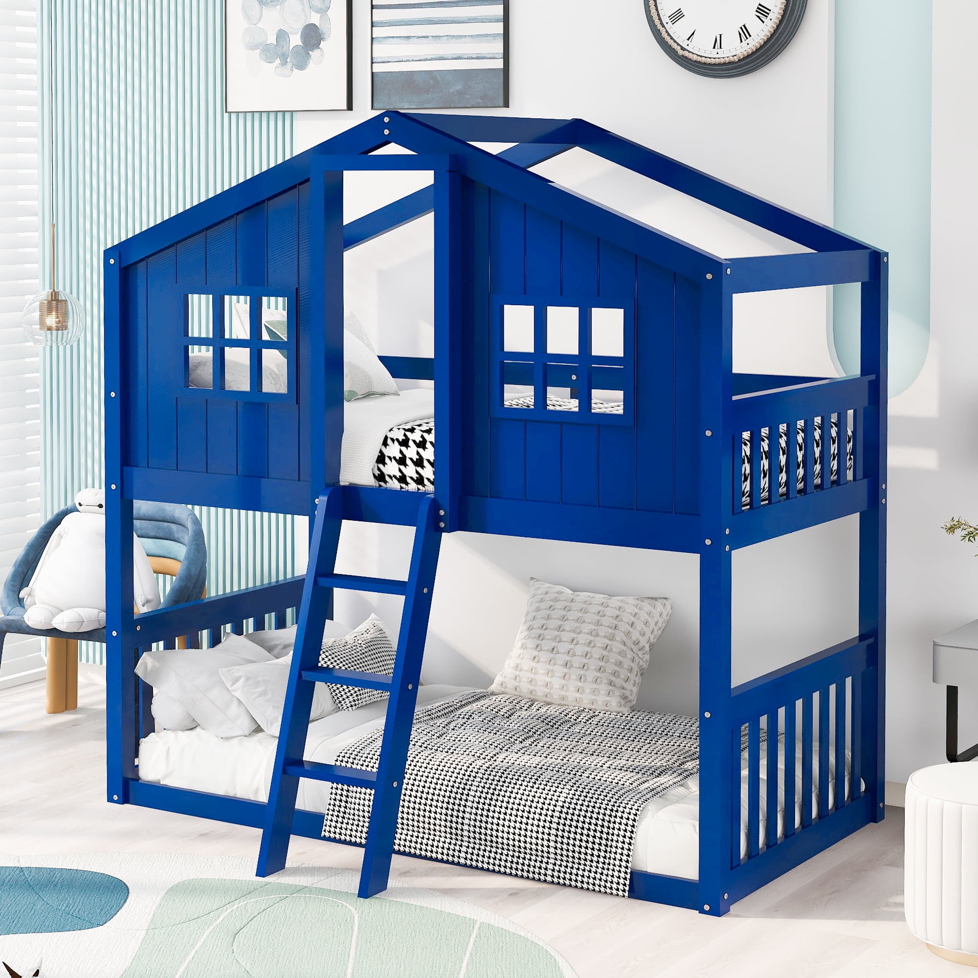 KOSBON Blue Bunk Bed Frame, House Style Bunk Bed, Twin over Twin Bunk