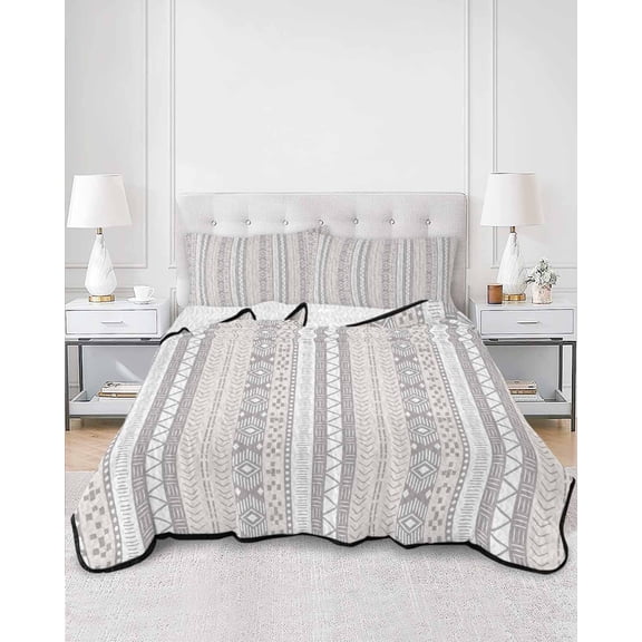 Quilts King Size, Grey Beige Geometric Soft Comforter Bedding Set for Bed, Modern Abstract Art Striped Lightweight Quilted Bedspread with Pillow Cover(2 Pieces) for All Season, 96x106 Inch