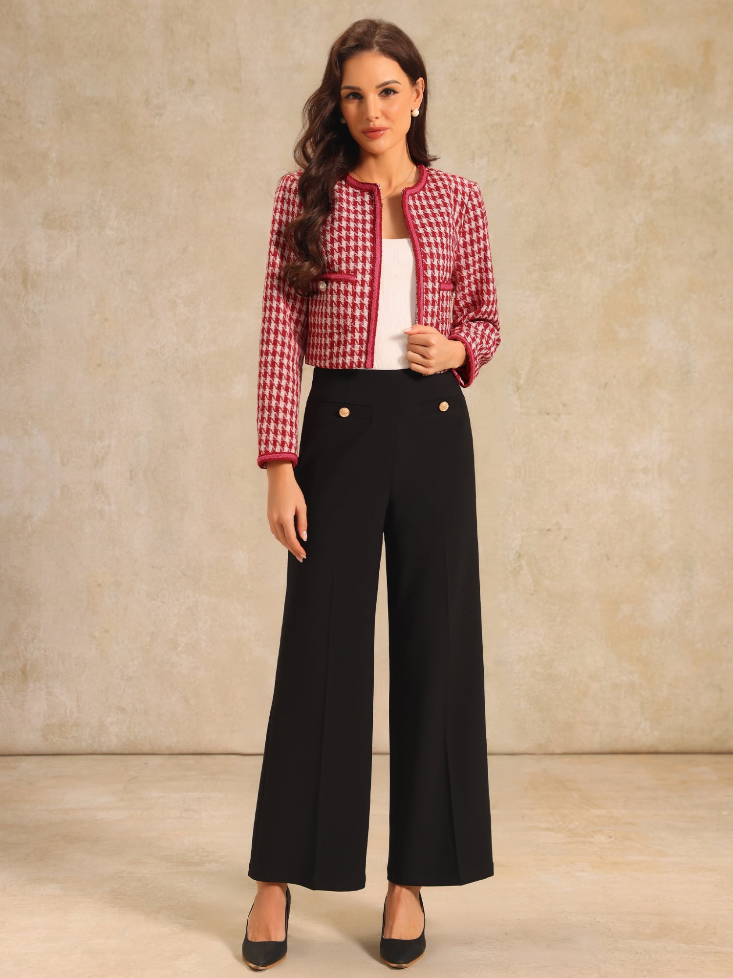 DARING DIVA Women's Houndstooth Collarless Plaid Cropped Tweed Jacket L Deep Red