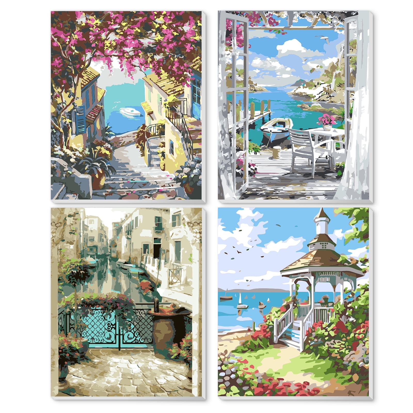 Qoosea 4 pack Framed Paint by Numbers Kit for Adults with Wooden Easel, Paint by Number Kits with Frame, Paint Set, Home Decor Wall Decor 9*12 inch