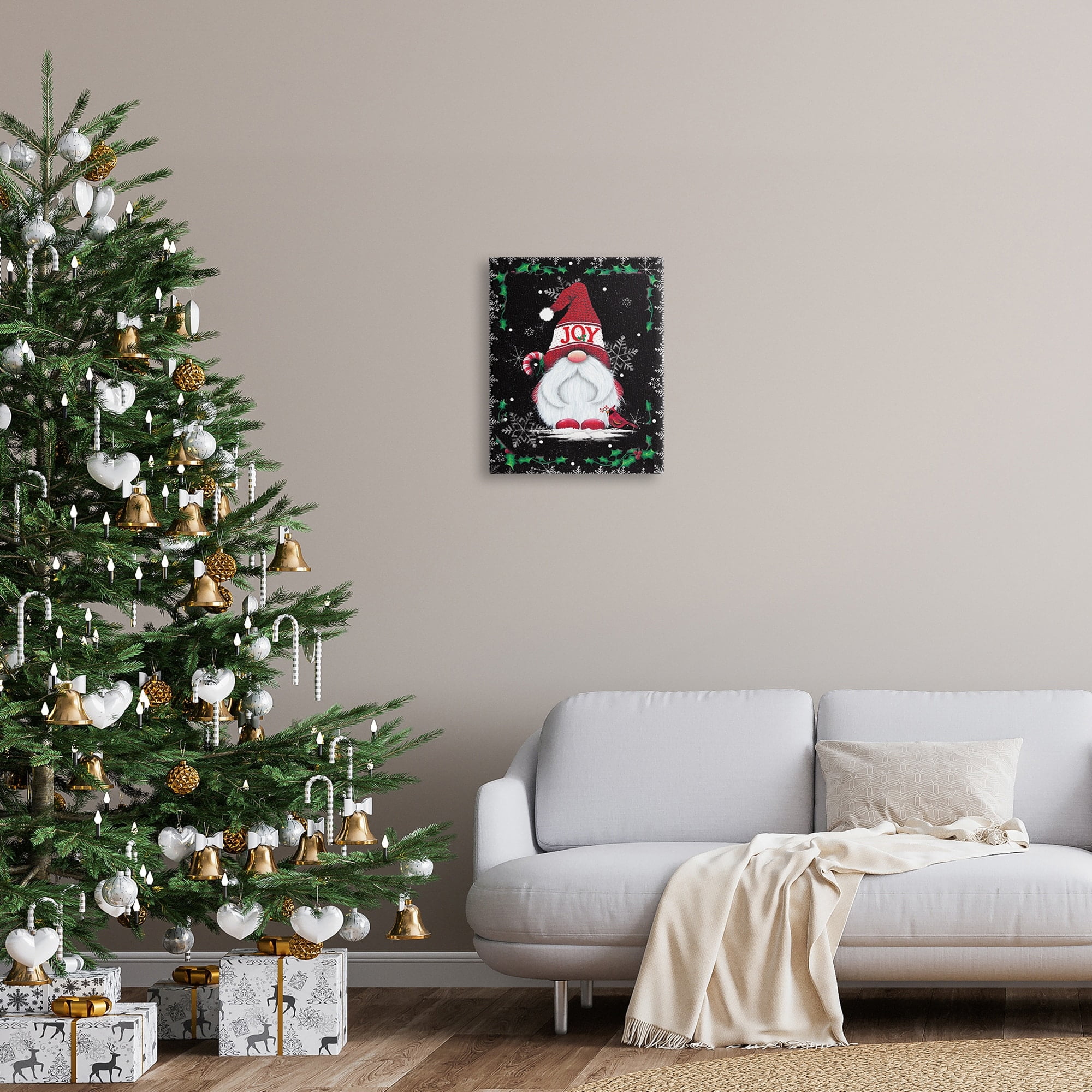Joyful Red Gnome & Cardinal Holly Botanical Border Fairy Tales & Fantasy Graphic Art Gallery-Wrapped Canvas Print Wall Art