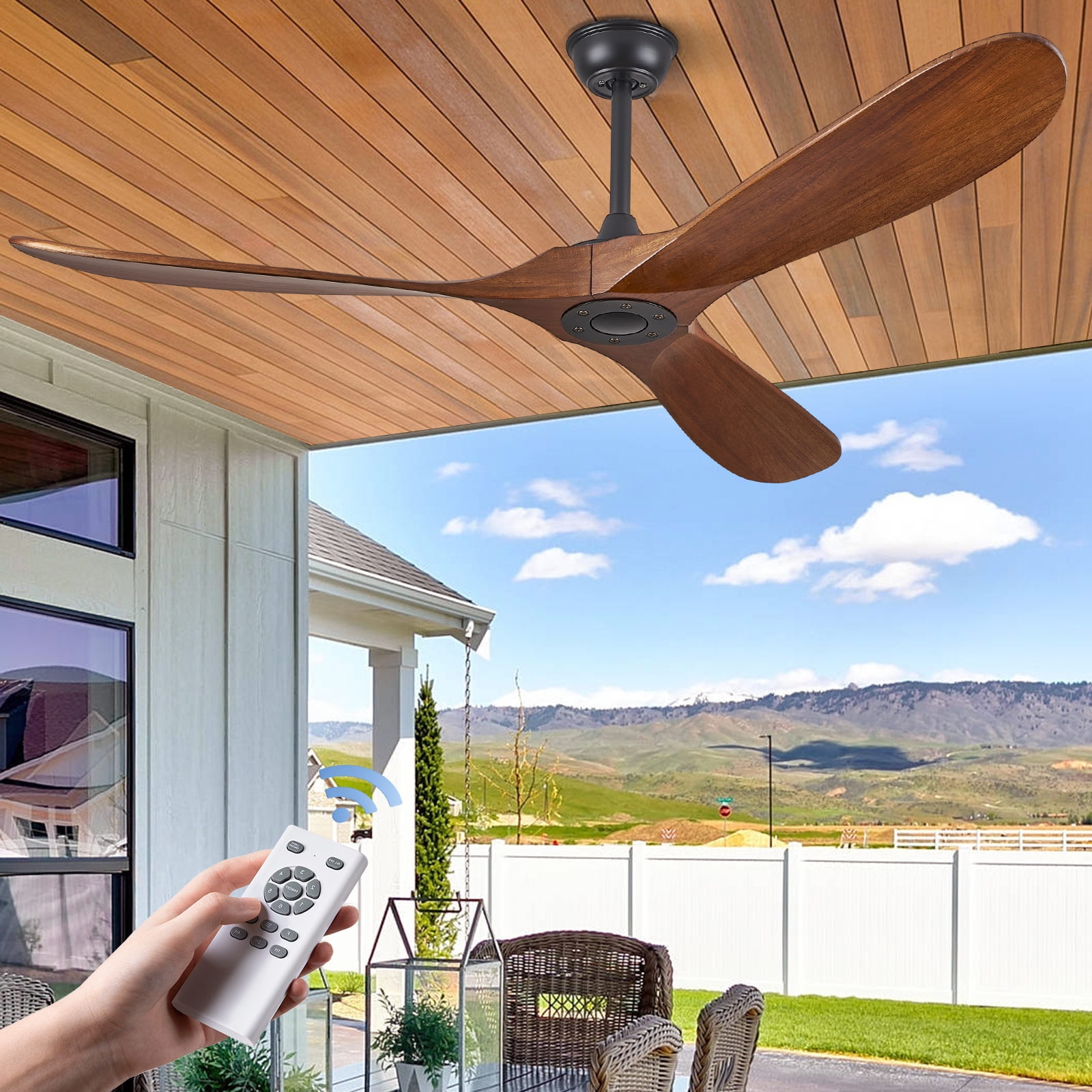54" Modern 3-Blade Solid Walnut Ceiling Fan (No Light) - 6-Speed Quiet DC Motor Ceiling Fans With Remote Control, Indoor/Outdoor/Patio (Coastal/Farmhouse)