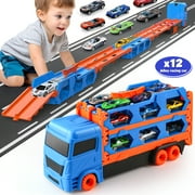 Flooyes Toy Trucks Cars for Toddlers, Transport Carrier Truck Race Track Set for Boys Kids, with 12 Die-Cast Metal Toy Cars, Kids Toys Set for 2 3 4 5 6 Years Old (Blue)