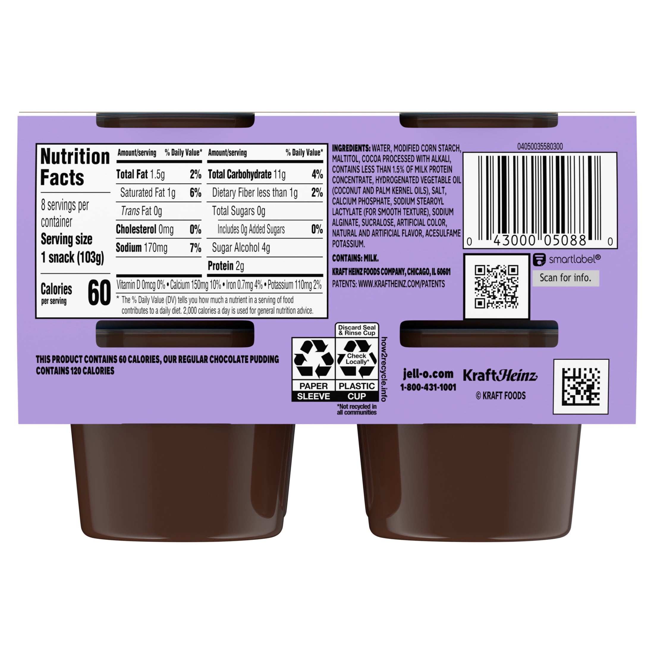 Jell-O Chocolate Sugar Free Pudding Cups Snack Value Pack, 8 Ct Cups