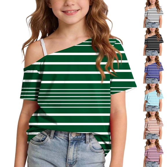 Mifsaly Kids Girls Cold Shoulder Tops Striped Short Sleeve T-Shirts Comfortable Off The Shoulder Casual Summer Tee Blouse