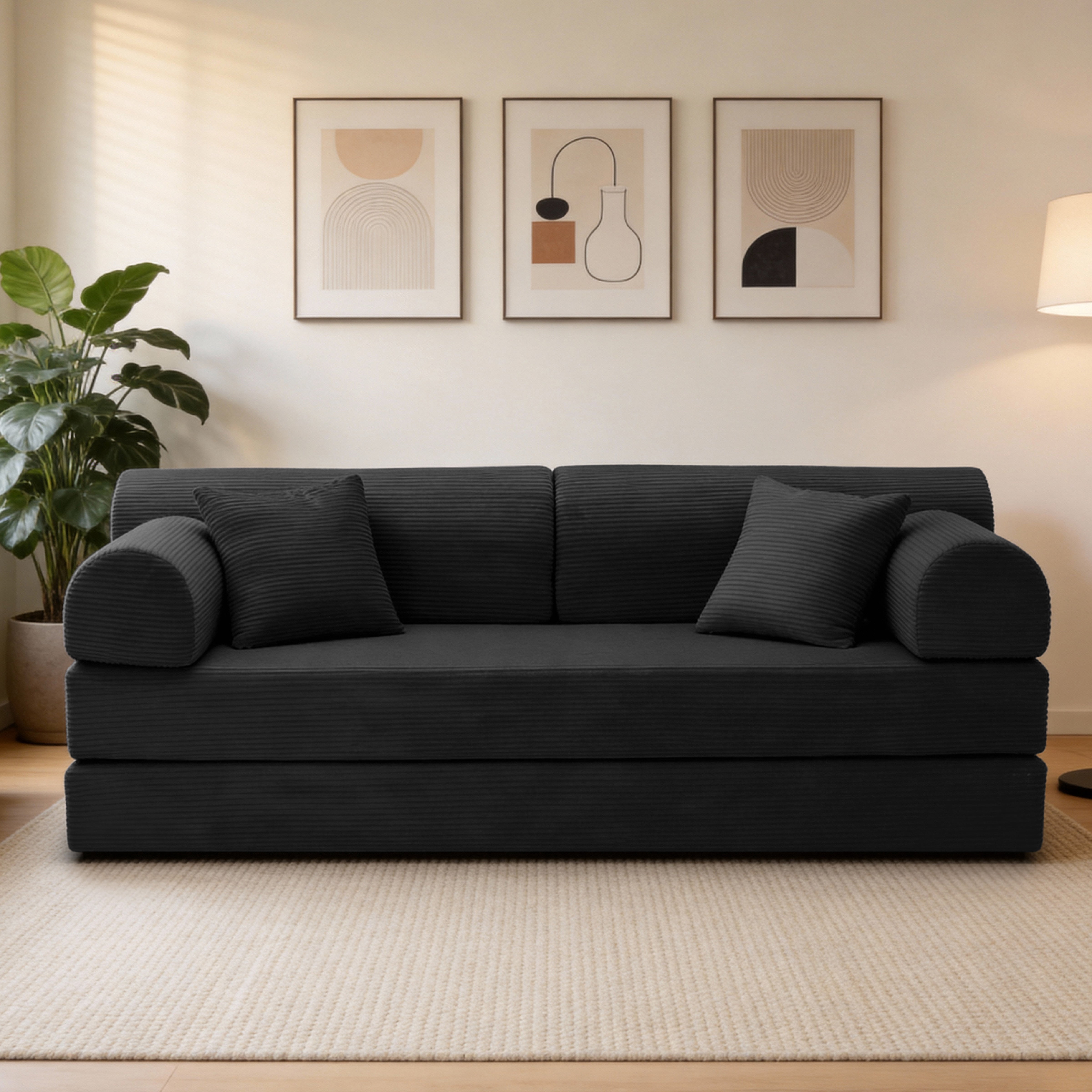 Leumius 79" Convertible Futon Sofa Bed, Boneless Couch for Living Room, Corduroy Folding Mattress Couch with Fixed-Shape Frame, Floor Sofa Lounge Couch with 2 Pillows, No Assembly,Black