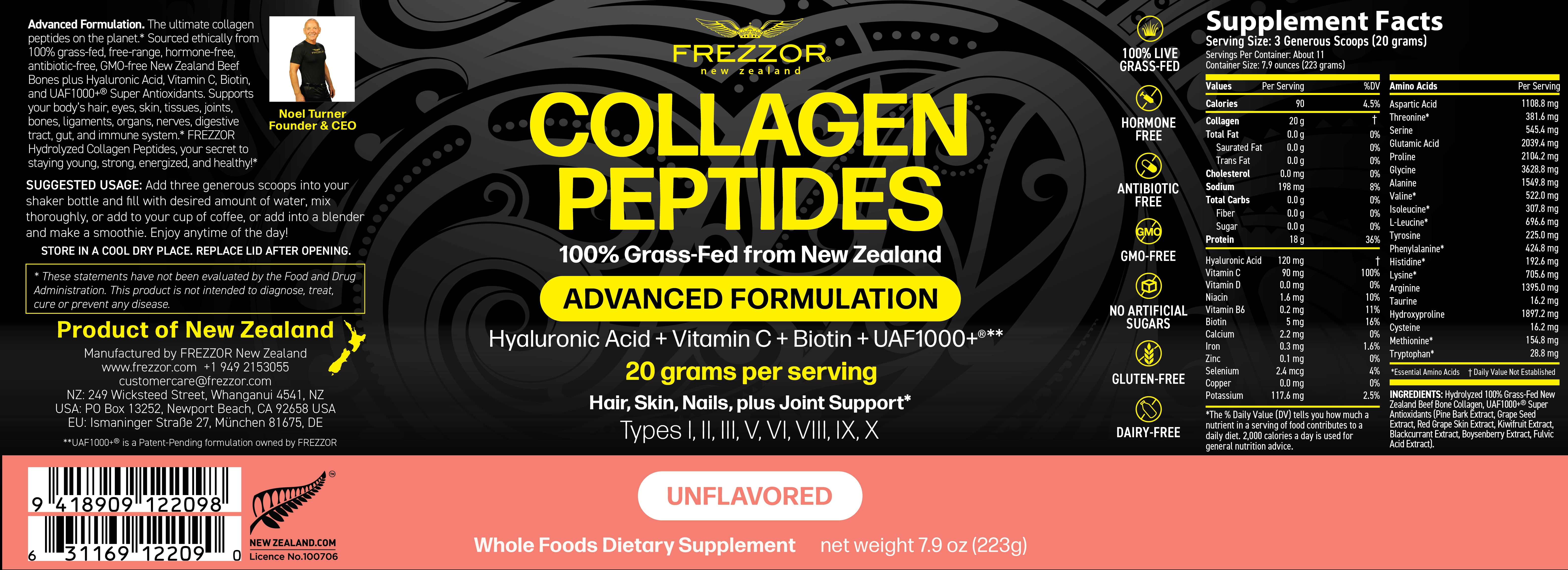 FREZZOR Pure Collagen Peptides Powder Supplement 4-Pack, 100% Grass-Fed New Zealand Cattle Source, 4 Bottles, 900 Grams