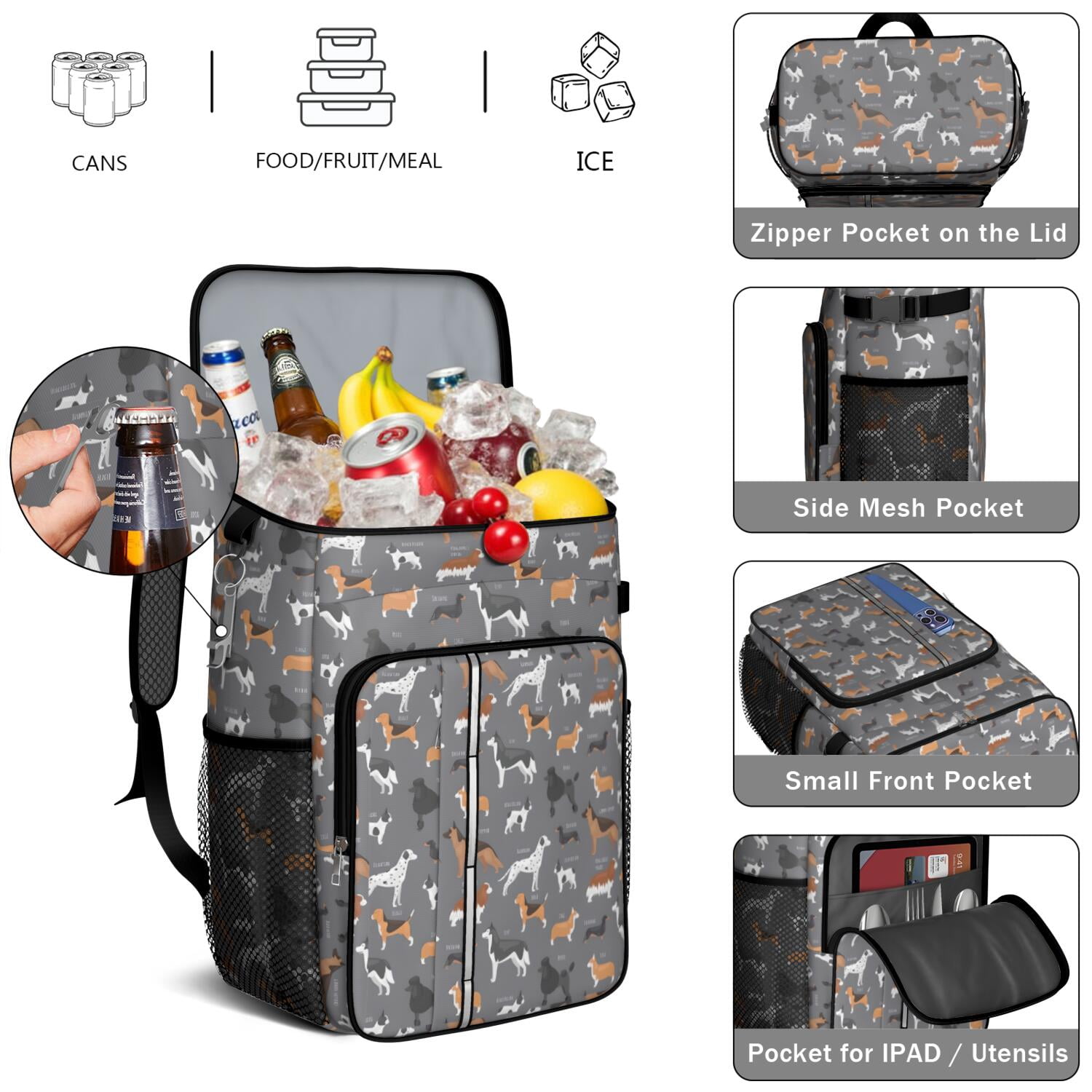 Travel Cooler Bag - Dalmatian Corgi Bulldog Camping Beer Cooler Backpack with Bottle Opener- Waterproof Insulated Picnic Backpacks - Cooler Bag for Beach