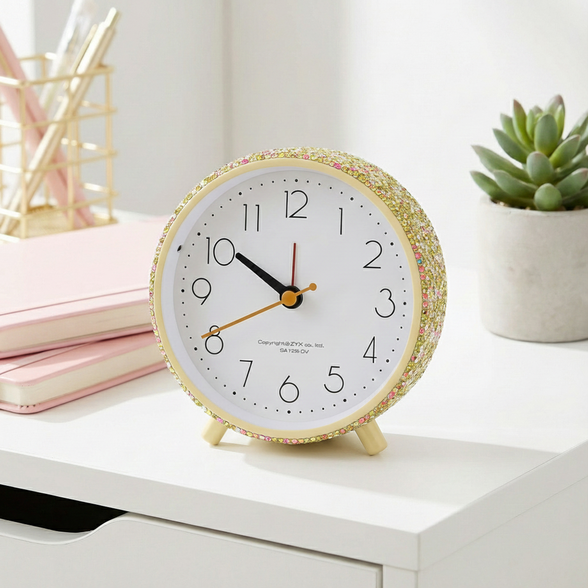 Unique Bargains Gorgeous Rhinestone Inlay Alarm Clock Yellow 4.6"L x 2.0"W x 5.1"H