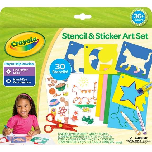 Crayola Stencil and Sticker Art Set (30 Stencils), Toddler Art Kit, Toddler Activity Set, Gift for Toddlers, Ages 3 
