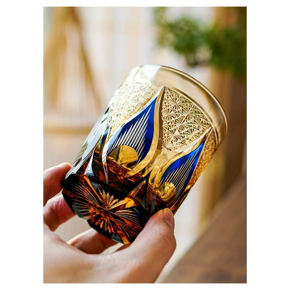 Edo Kiriko 250ml Blue Glass Tumbler Hand-Cut Clear Japanese Design Whiskey and Beer Glass for Cold Drinks Wine Glass Cups