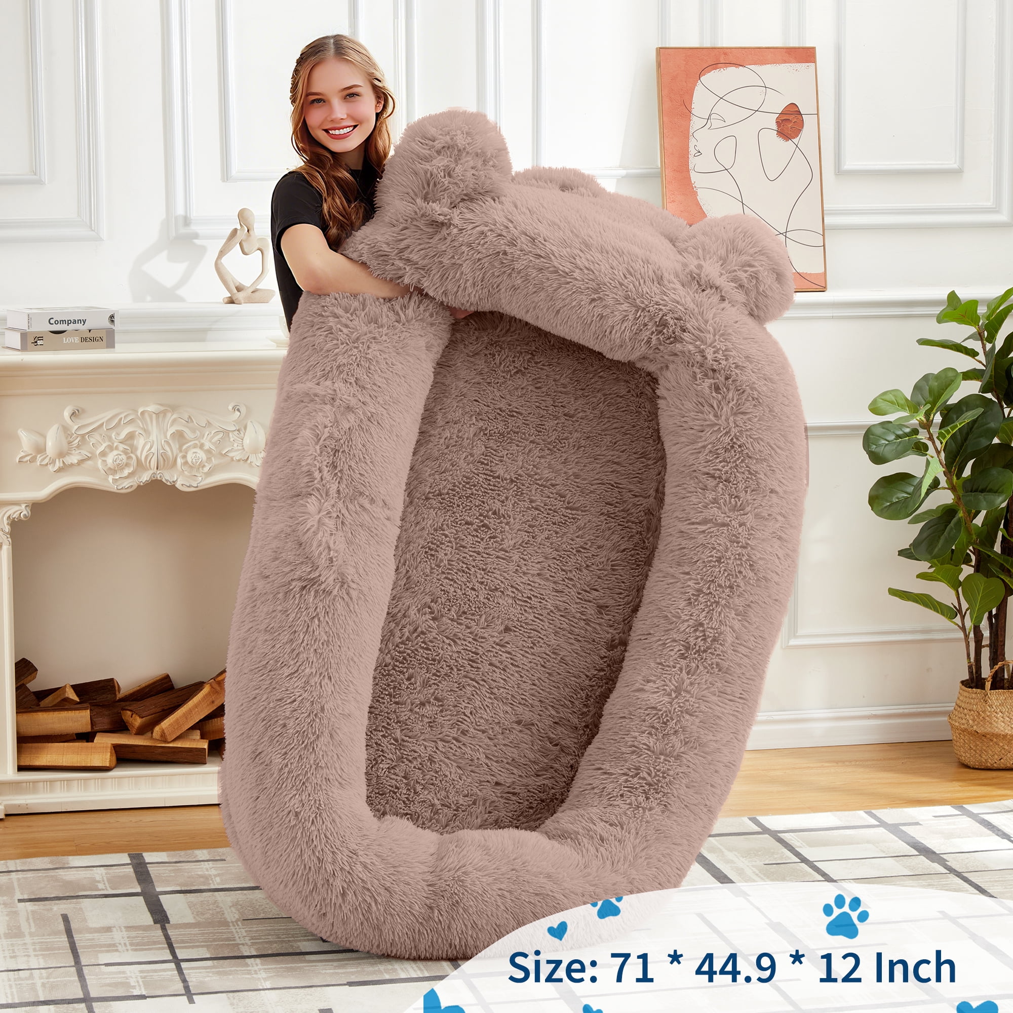 Human Dog Bed for Adults, Human Size Dog Bed Fits You and Pets, Washable Faux Fur Napping Orthopedic Dog Bed with Blanket & 2 Side Pockets, Khaki