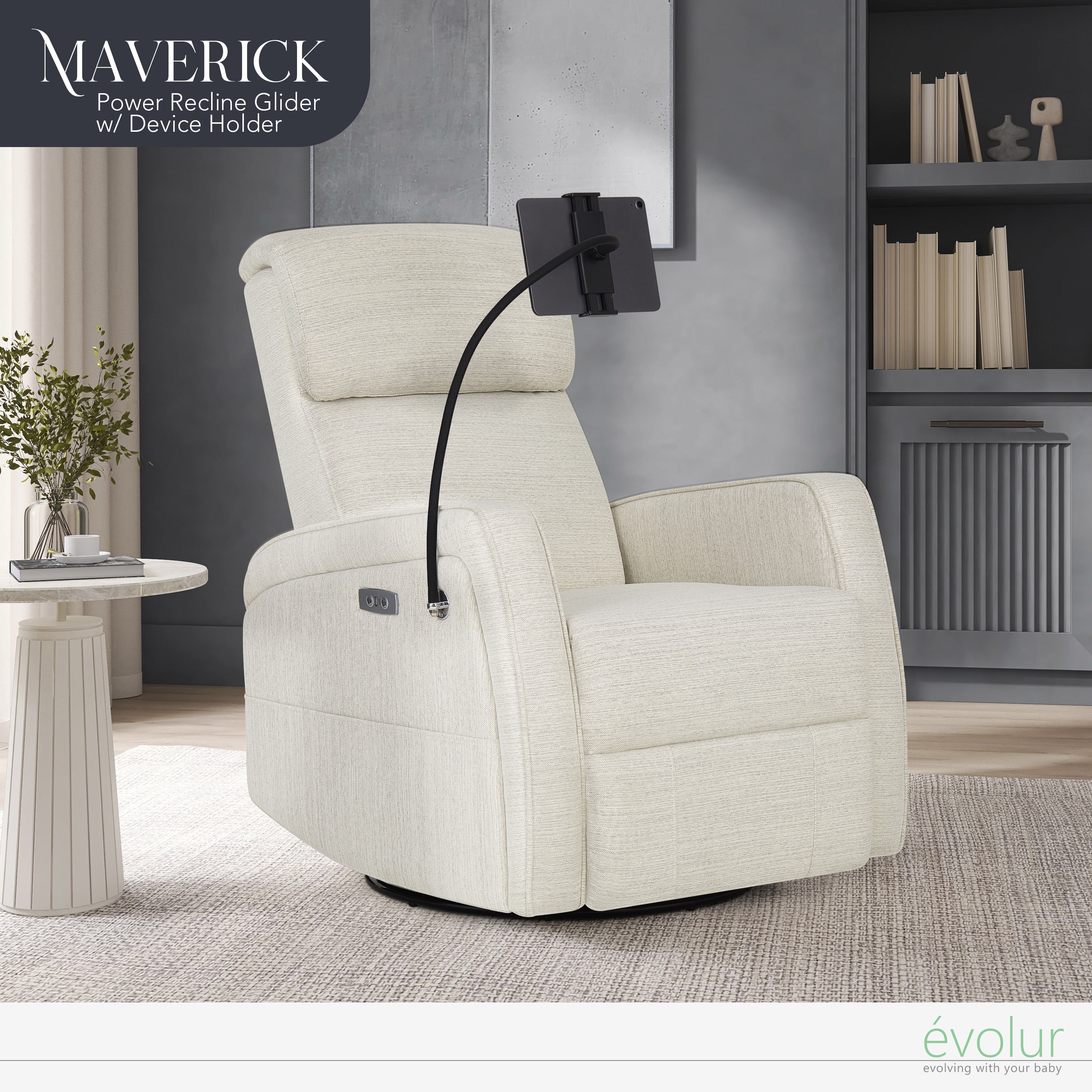 Evolur Maverick Power Recline Glider with Device Holder, Thunder Beige