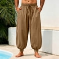 thumbnail image 2 of WULMLEO Mens Harem Pants Casual Elastic Waist Drawstring Baggy Hippie Trousers Cotton Linen Boho Yoga Beach Pants Brown 3XL, 2 of 7