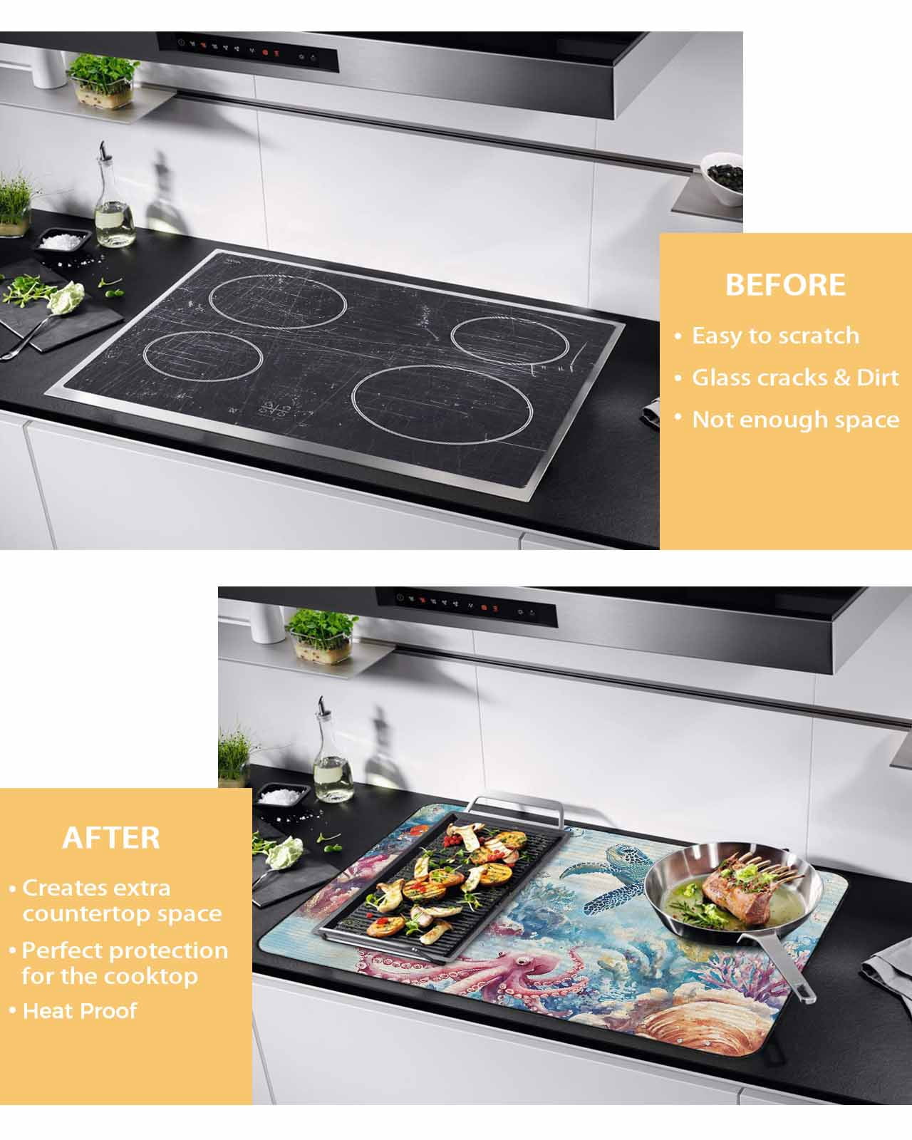 nqOlkjepod Large Induction Cooktop Protector Mat 31"x24", Sea Turtle Octopus Stove Top Covers for Electric Stove, Coastal Coral Summer Ocean Beige Stove Burner Cover Mats, Glass Top Stove Cover