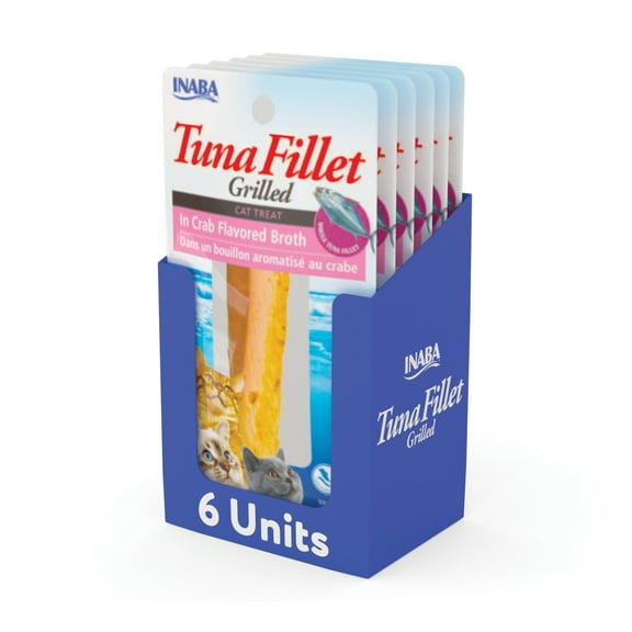 INABA Premium Hand-Cut Grilled Tuna Fillet Cat Treats w Vitamin E, 0.52 oz, 6-Pack, Crab Broth