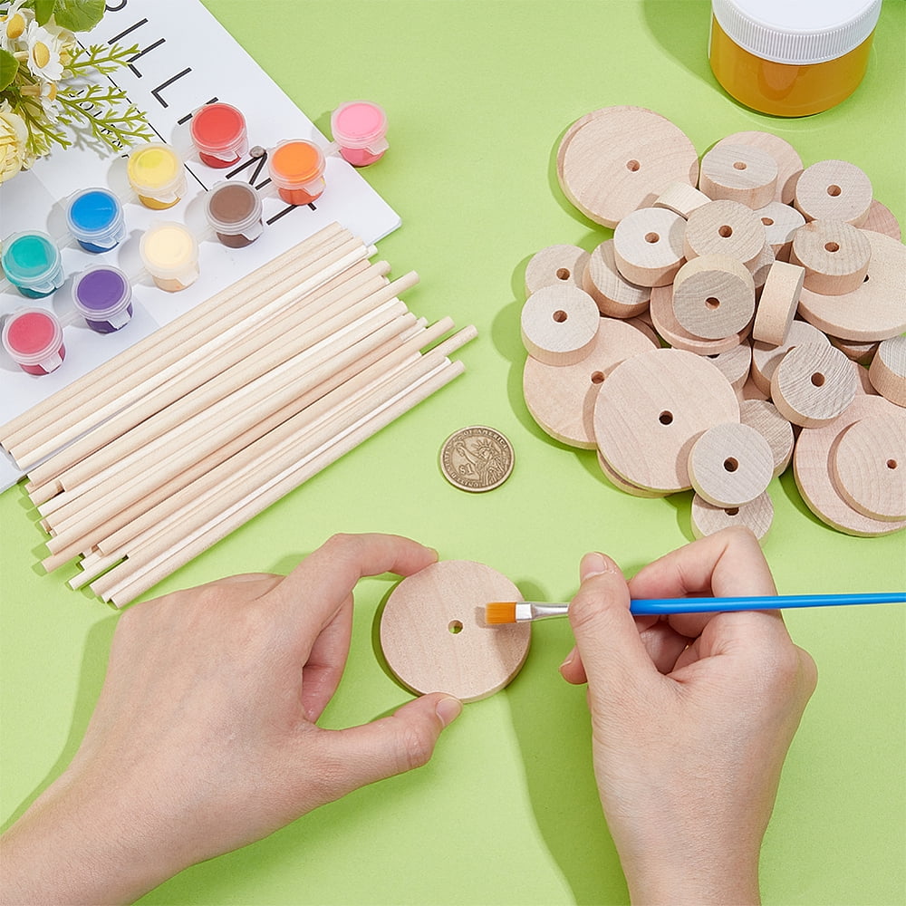 66Pcs Wooden Craft Wheels 33Pcs Wood Sticks 1.1/1.5/2 Inch Natural Wood Wheels Unfinshed Wooden Wheel Flat Round Wheels Stick Set